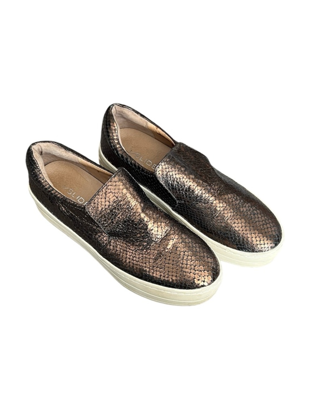 J/Slides Bronze Metallic Embossed Snake Print Slide on Platform Sneakers 7.5